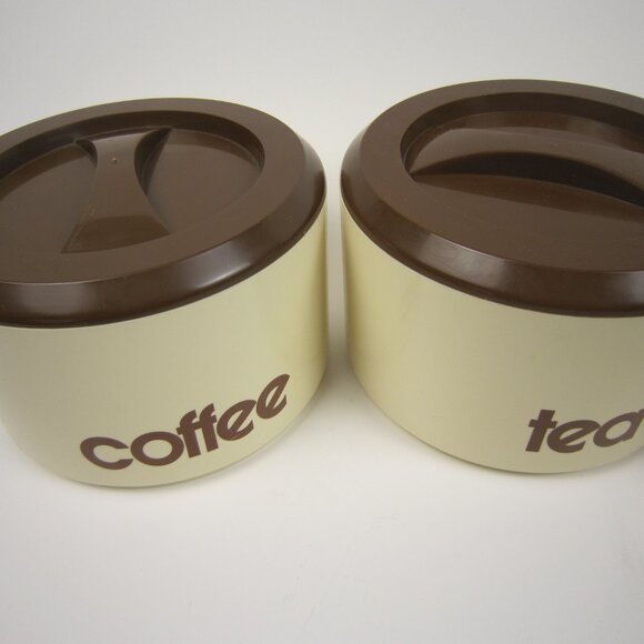 Sterilite 4 pc Vintage Beige / Brown Canisters: Coffee, Tea, Sugar, Flour - Used - Picture 2 of 16